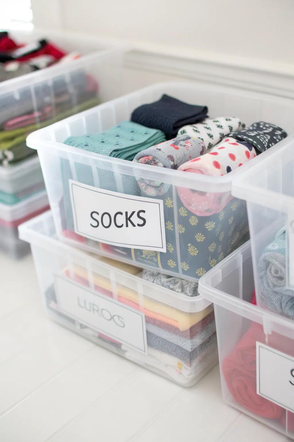 Off-season sock storage is a cinch with see-through bins.