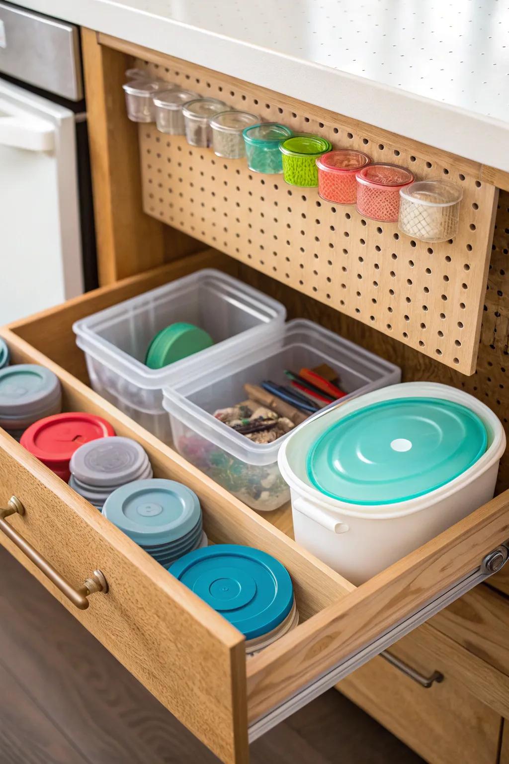 Drawer showcasing a pegboard that keeps plastic containers neatly organized.
