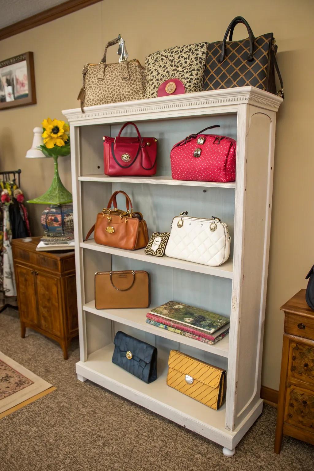 A bookshelf beautifully repurposed into a stylish handbag display.