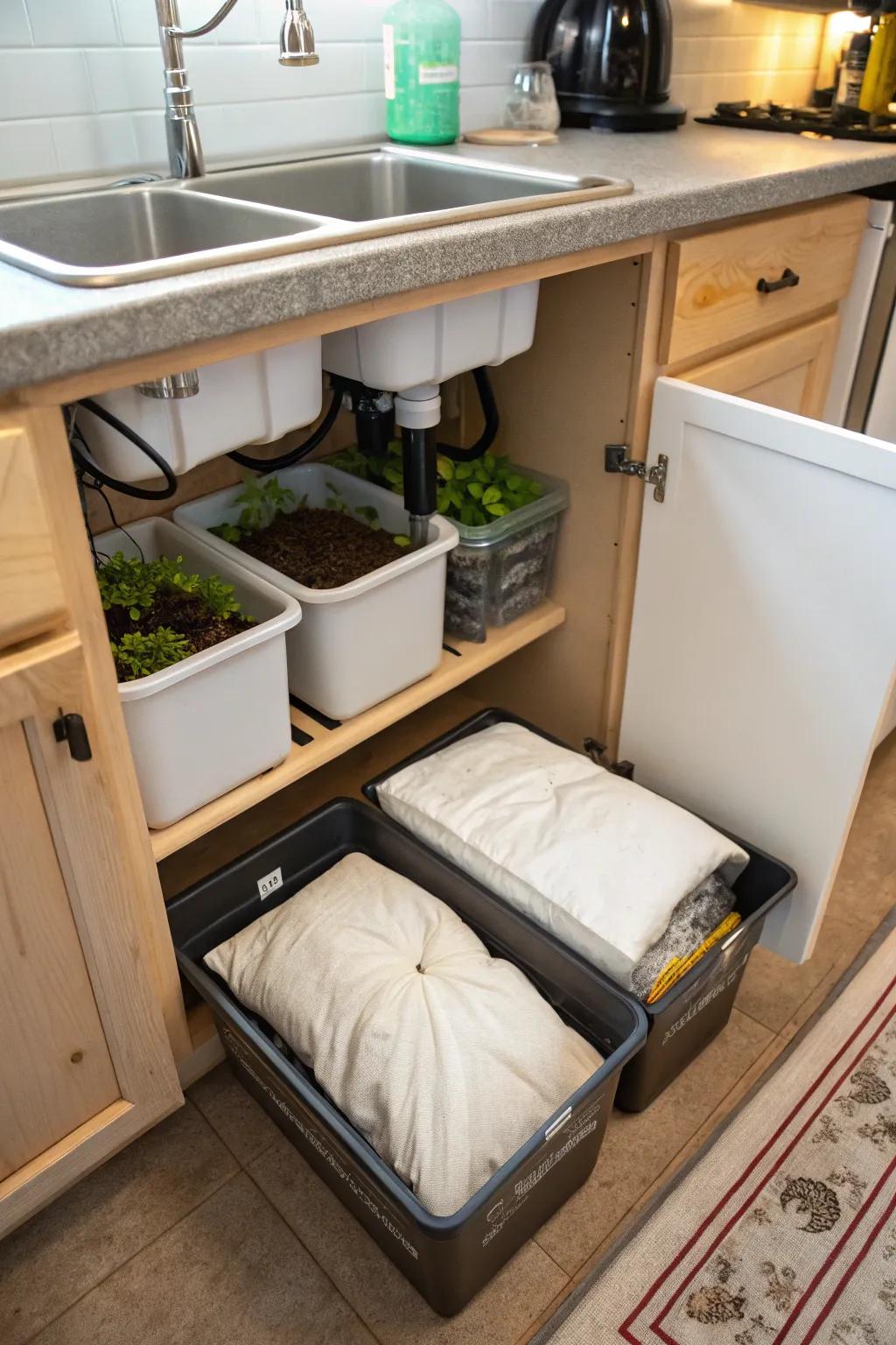 An indoor vermicomposting system stored neatly under the cooking area sink, ideal for smaller homes.