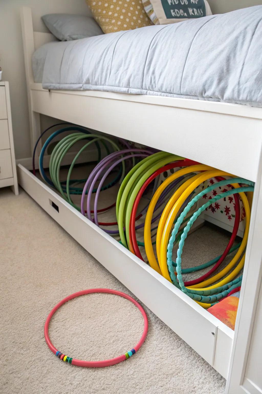 Hula hoops thoughtfully stored under a bed, saving space and keeping them hidden.