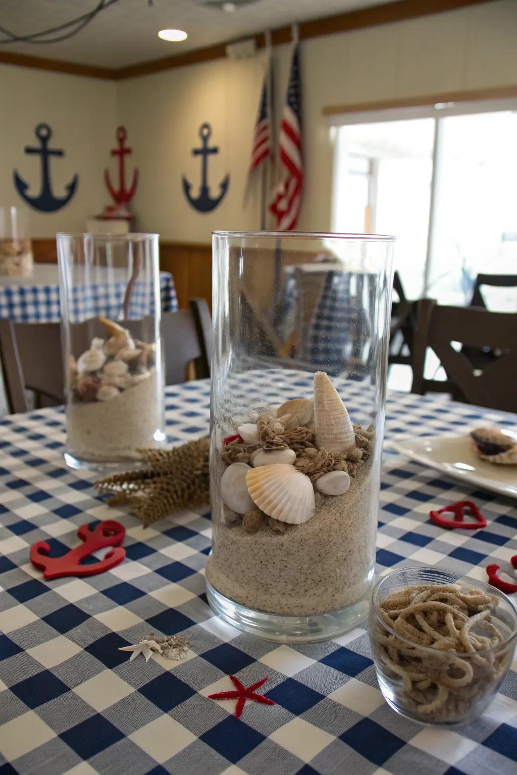 Sand and seashells in windproof candle holders for a beach-inspired centerpiece.