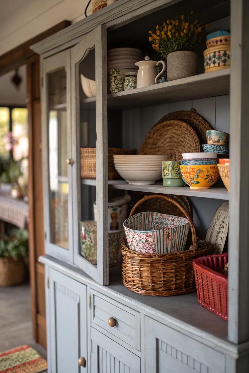 Patterned details enrich this welcoming hutch.