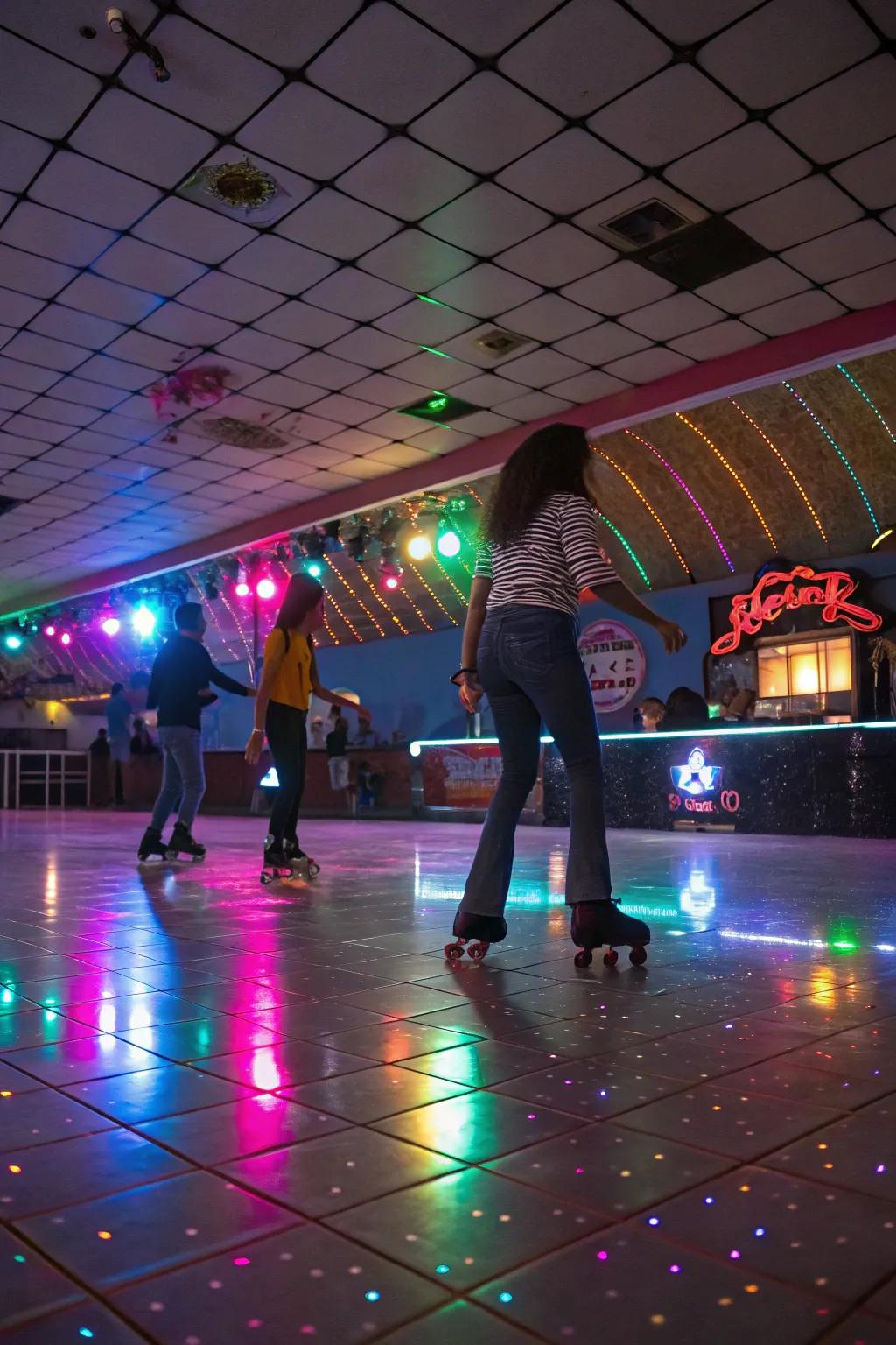A lively rolling disco arrangement with skaters reveling in the fun.