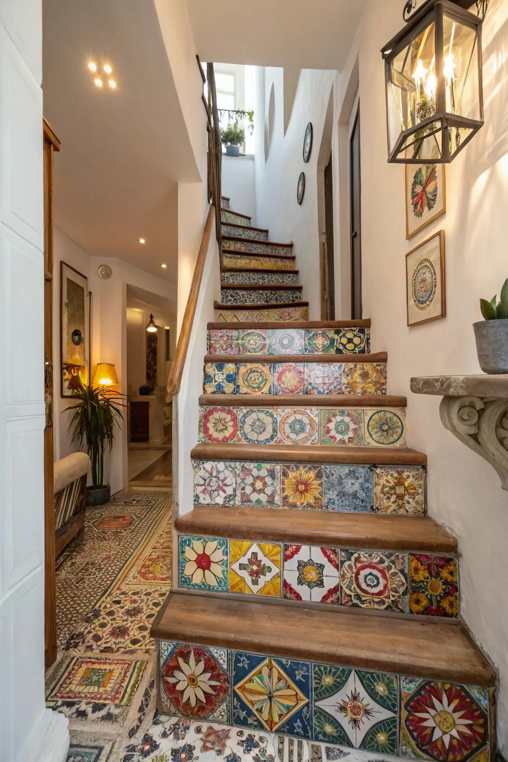 Forge a declaration via varied mosaic tile stairs.