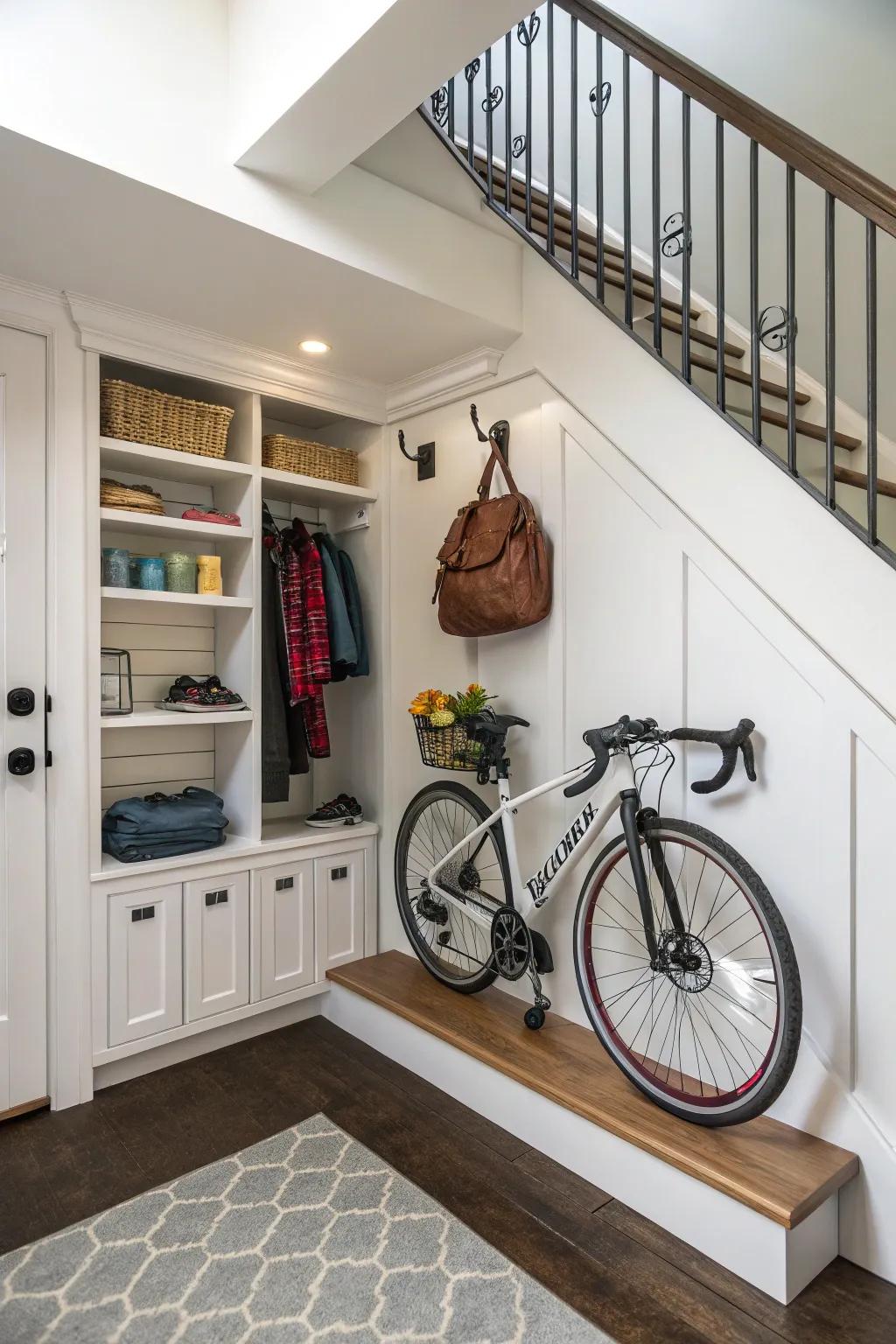 This under-stairs nook uses space smartly for bike storage.