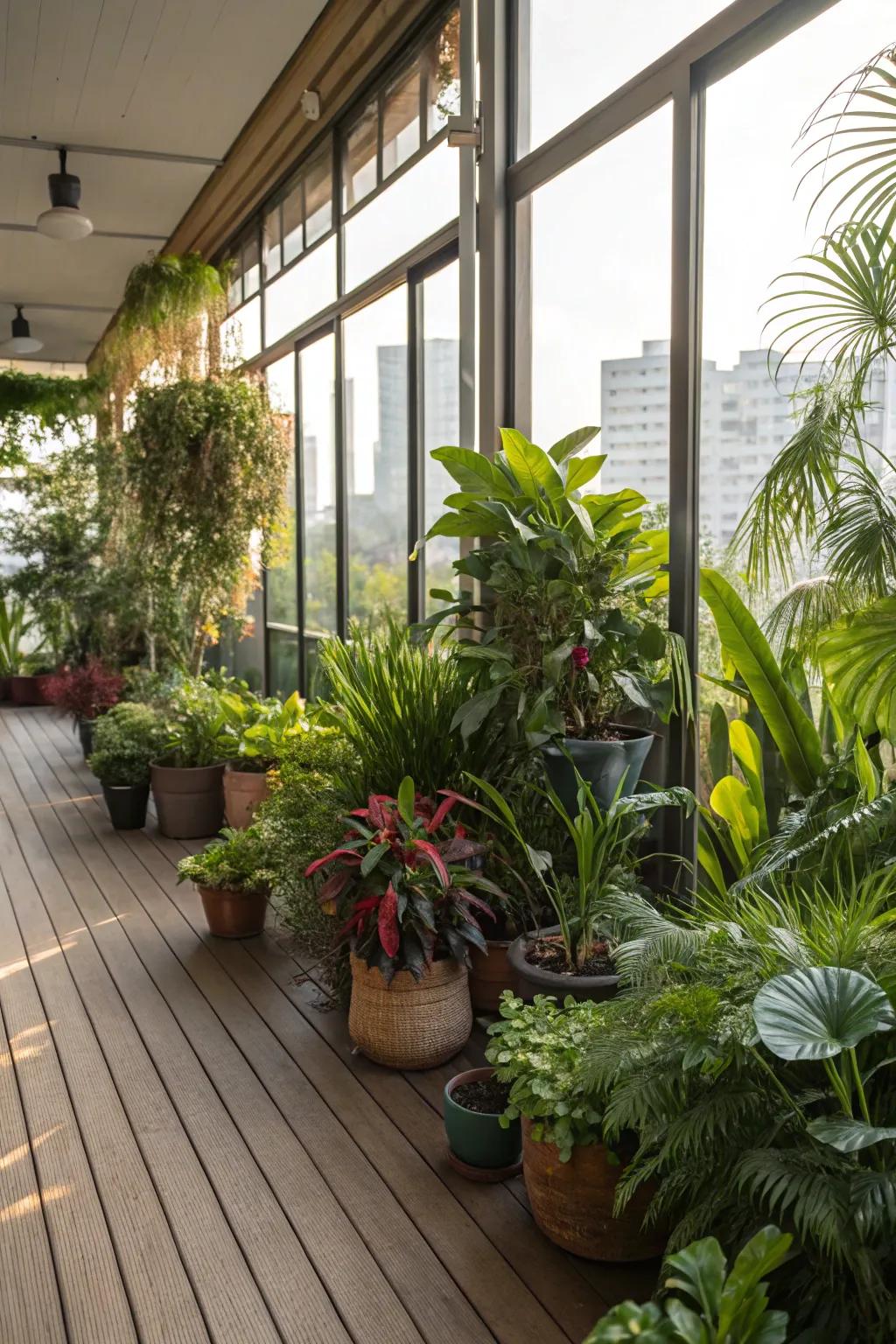 This deck has a lavish, verdant vibe thanks to indoor plants.