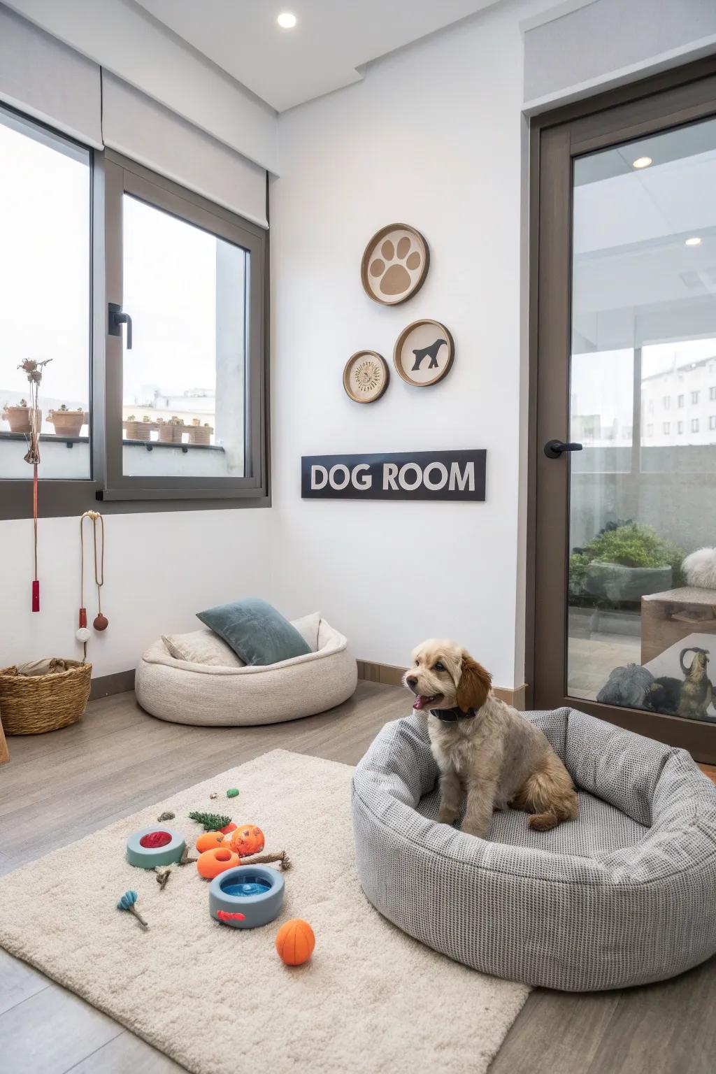 Individualized decor elevates a unique and inviting space suitable for a dog.