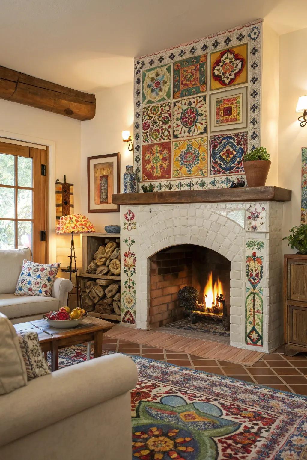A living room fireplace bordered by colorful, hand-painted tiles for a varied appearance.