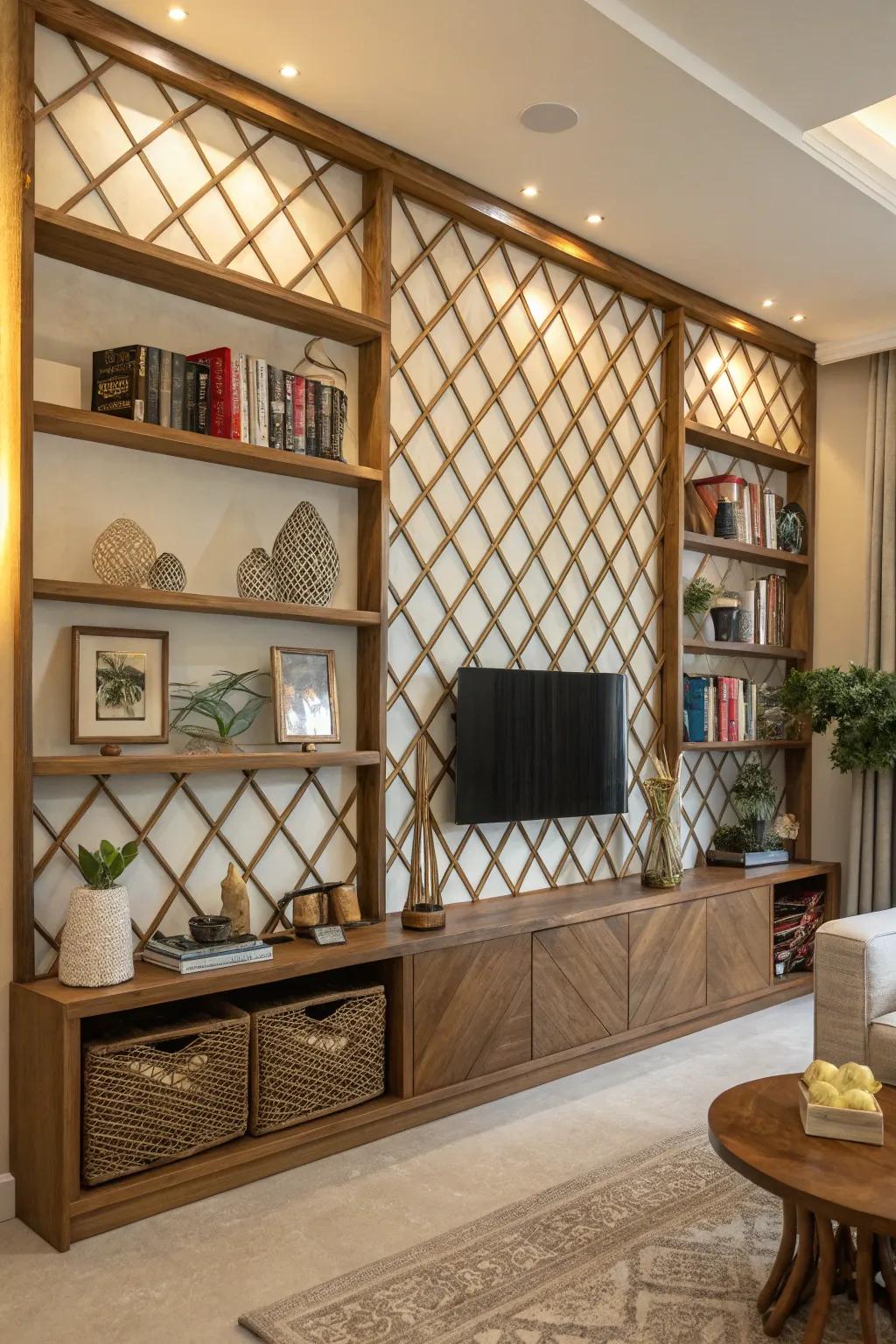 Lattice element featuring built-in shelves, suited for storage and presentation.