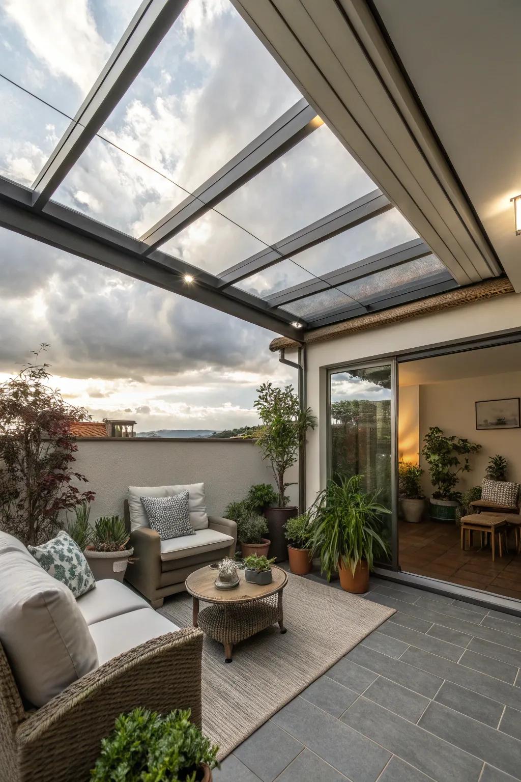 A retractable rooftop provides flexibility for your enclosed patio adventure.