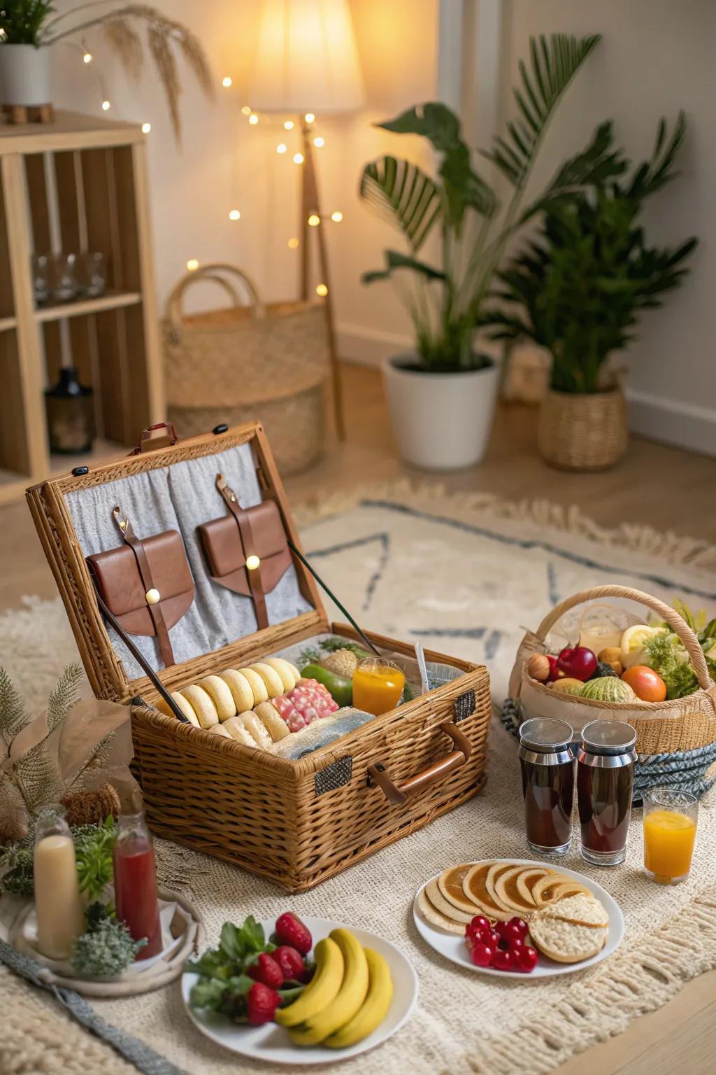 A snack hamper adds a playful feel to the indoor picnic.
