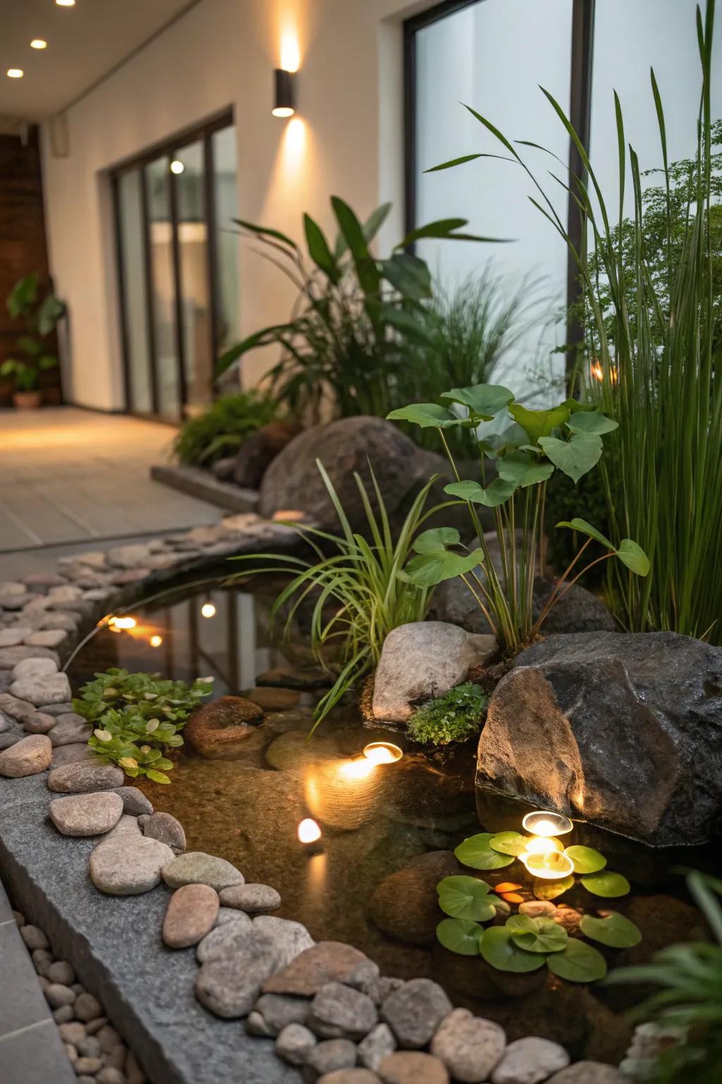 Atmospheric illumination imparts a magical component to interior ponds.