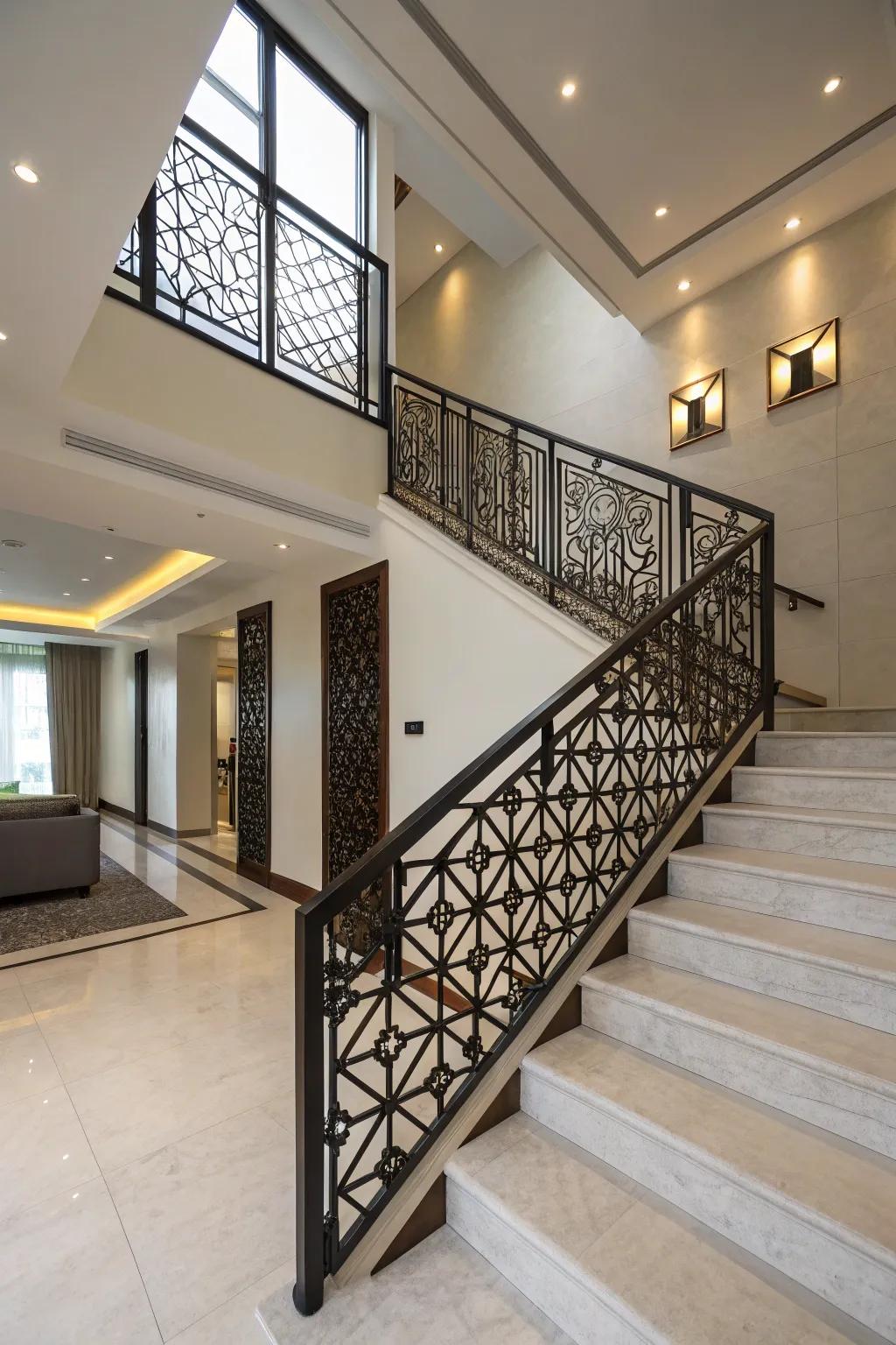 Geometric patterned railings make a striking design statement.