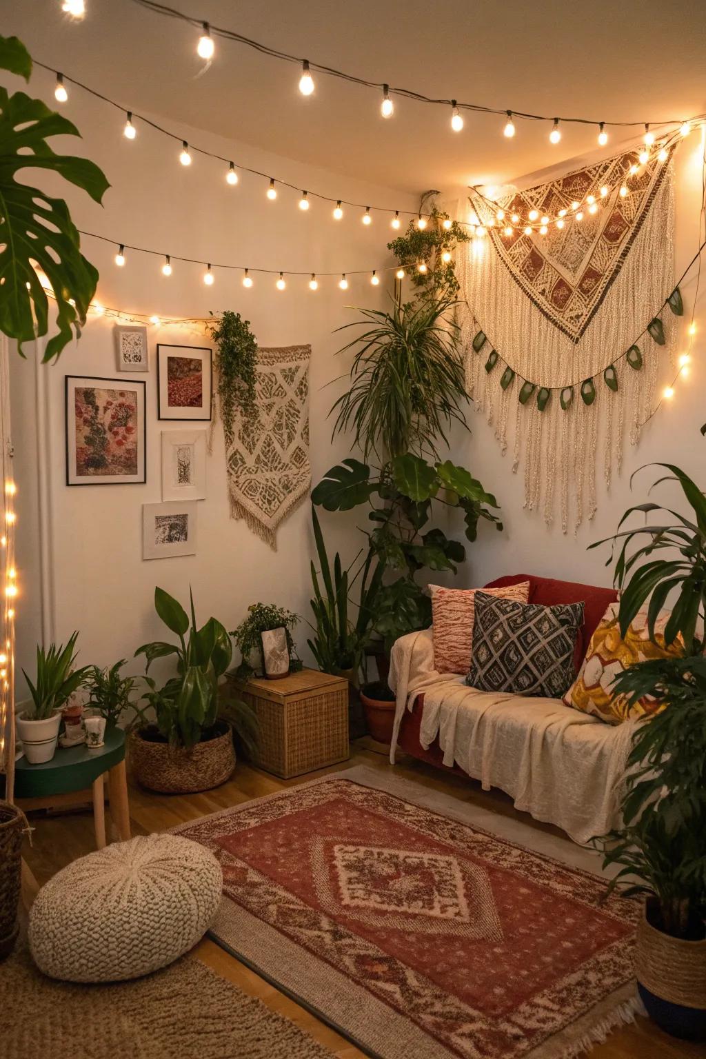 With decorative mini-lights, plants, and diverse décor, achieve a bohemian vibe.