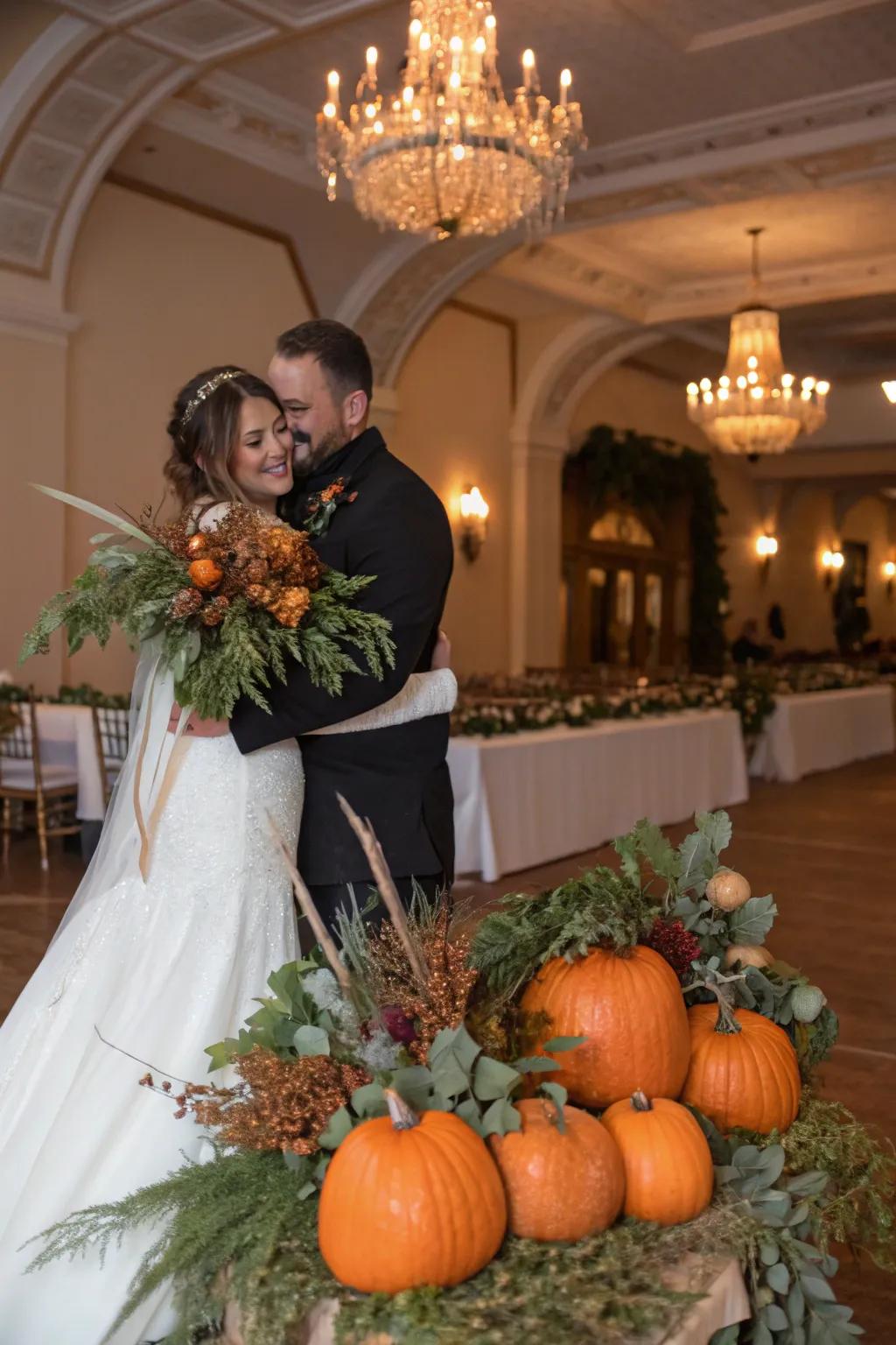 Seasonal accents add a festive touch to wedding photos.