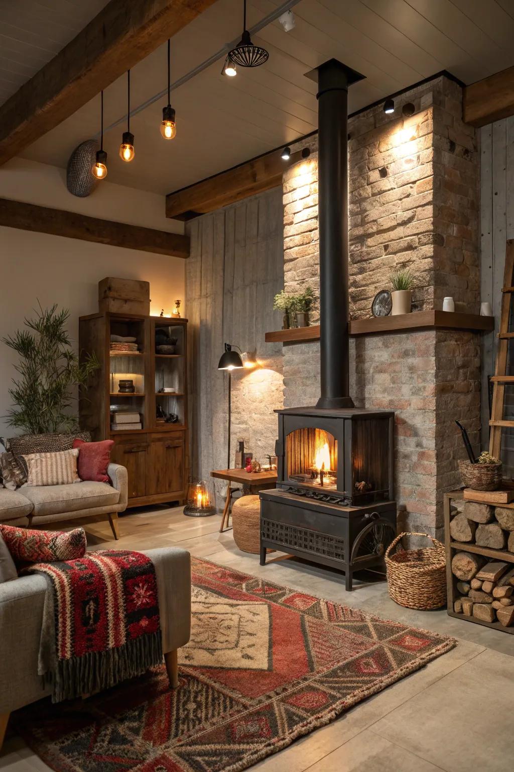 A snug hearth spot acts as the heart of the residence.