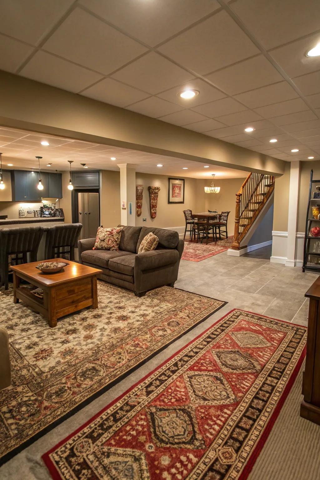 Feature carpets contribute texture and define spaces.