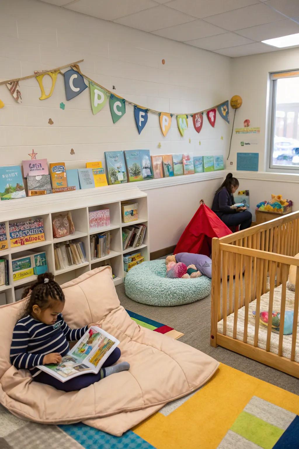 Themed zones help organize activities for infants.