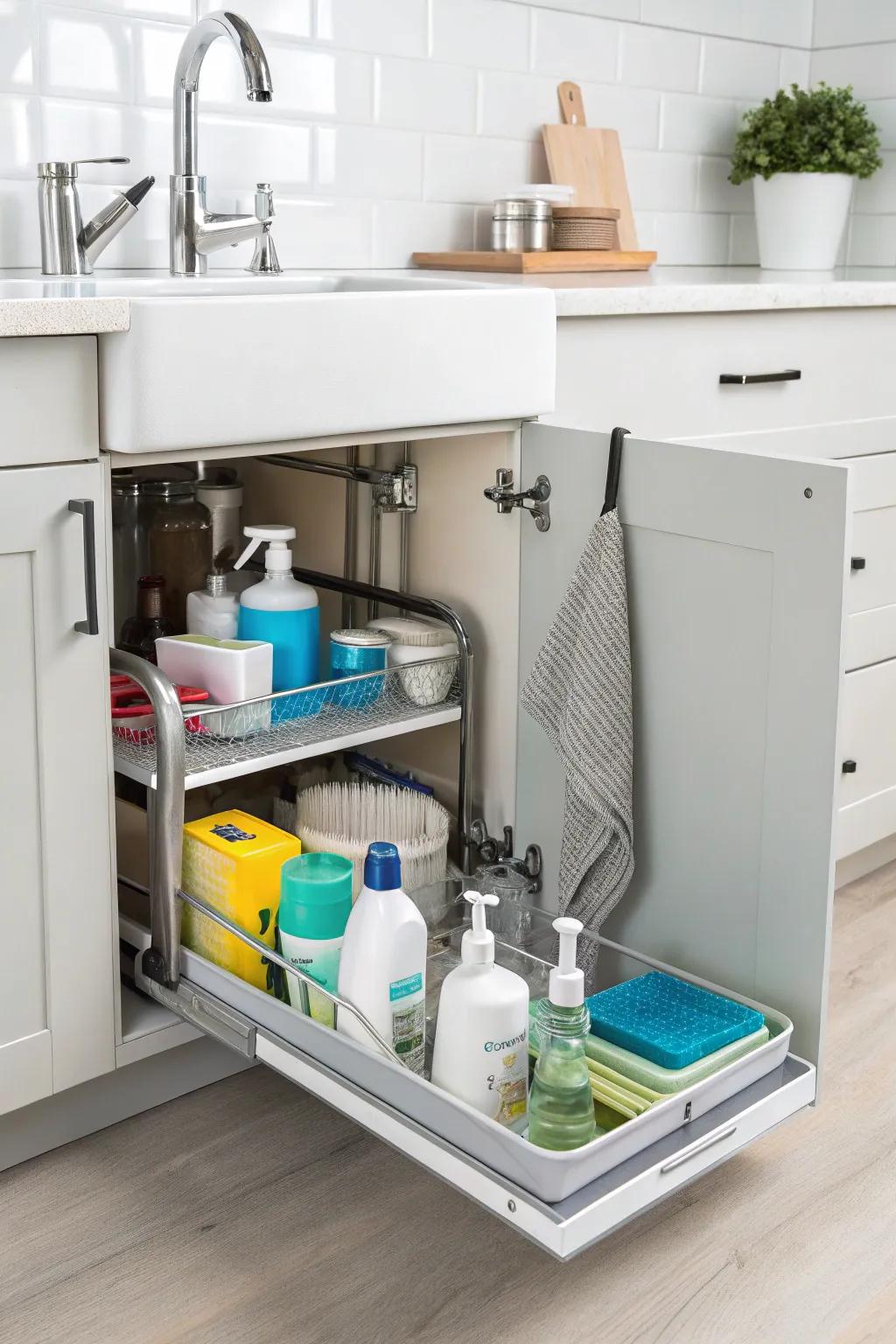 An under-sink caddy brings order to the chaos of cleaning supplies.