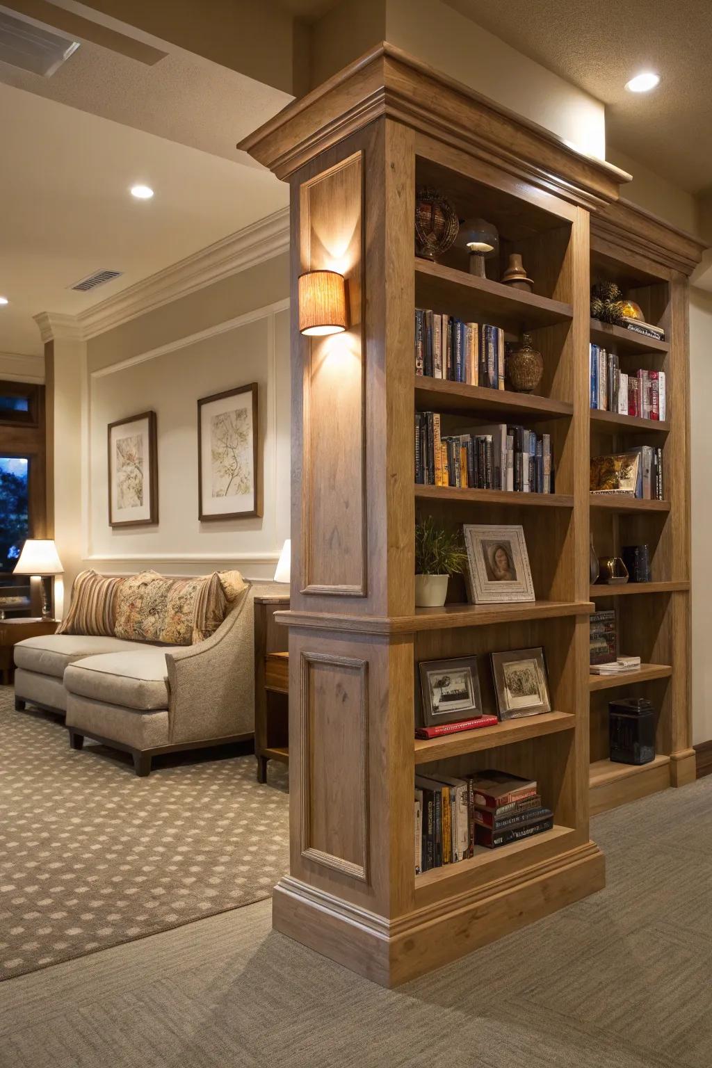 Shelves fitted to columns increase design and utility.