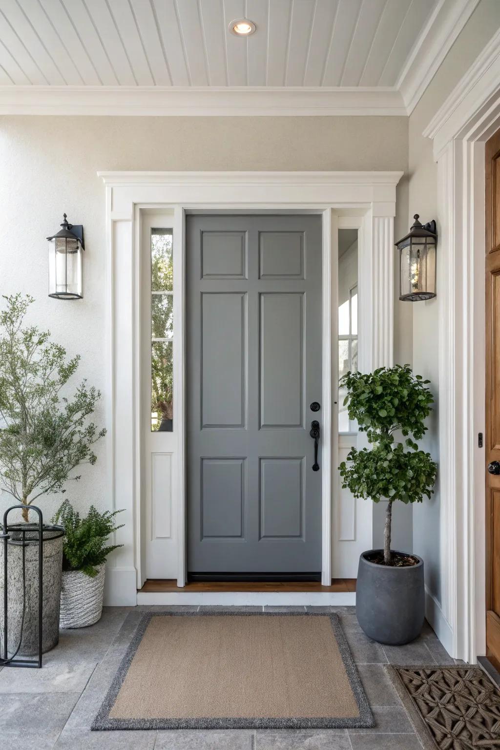 A modern gray door imparts sophistication to the entryway.
