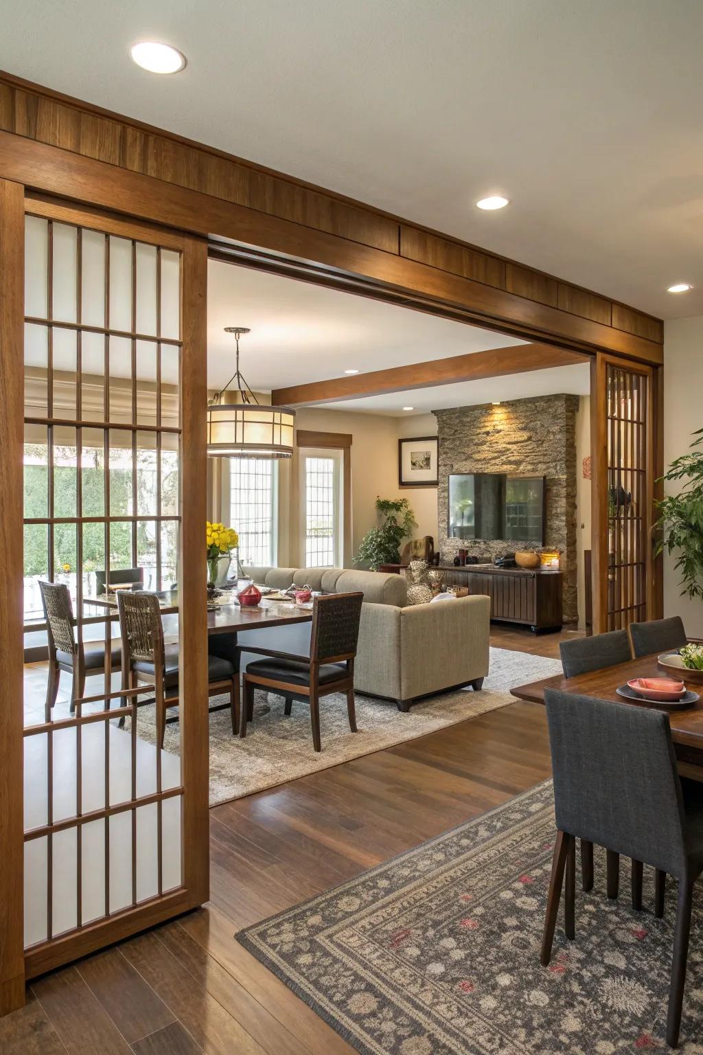 An open-concept space featuring a styled divider, creating distinct zones.