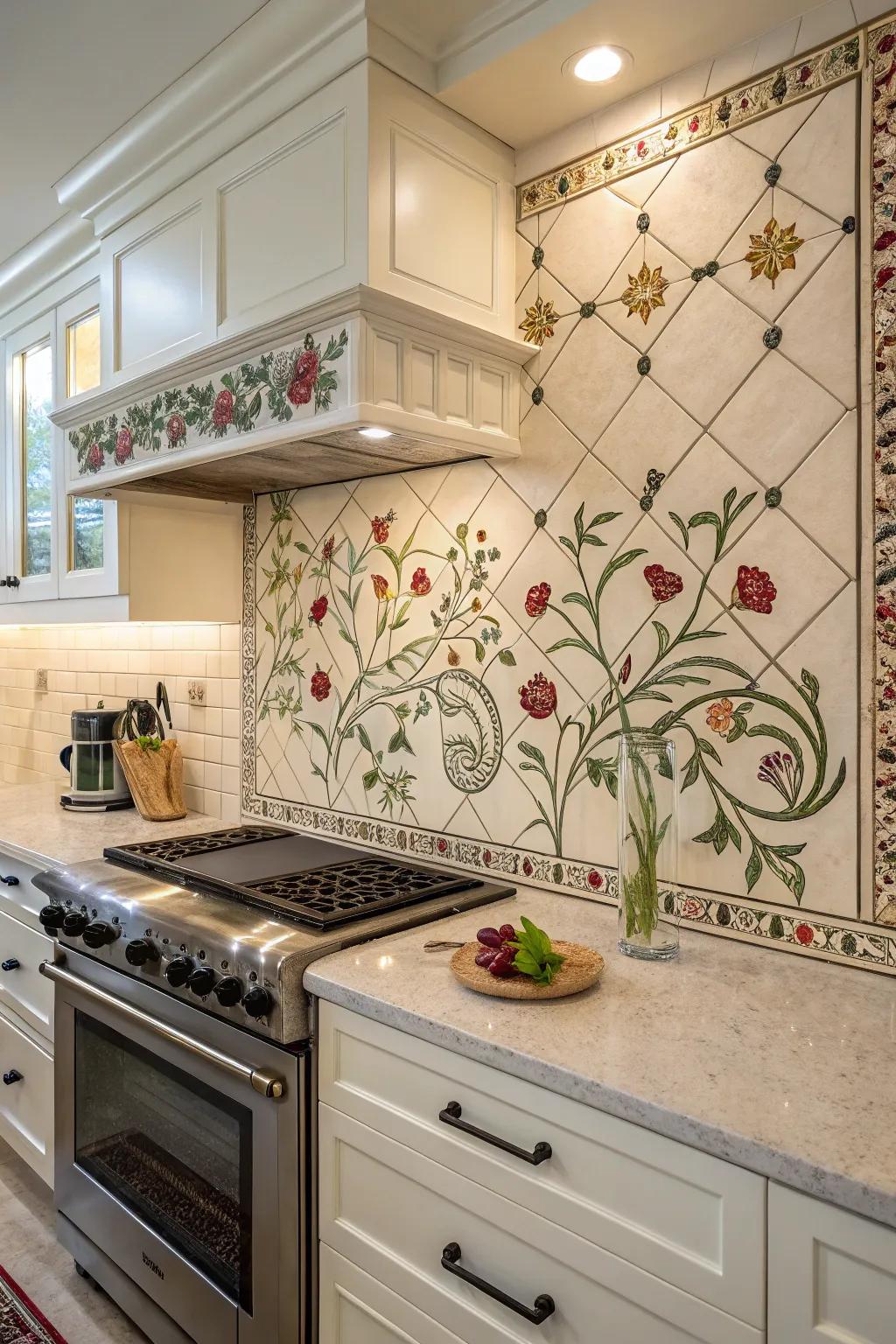 Floral motifs introduce a delicate and vibrant nuance.