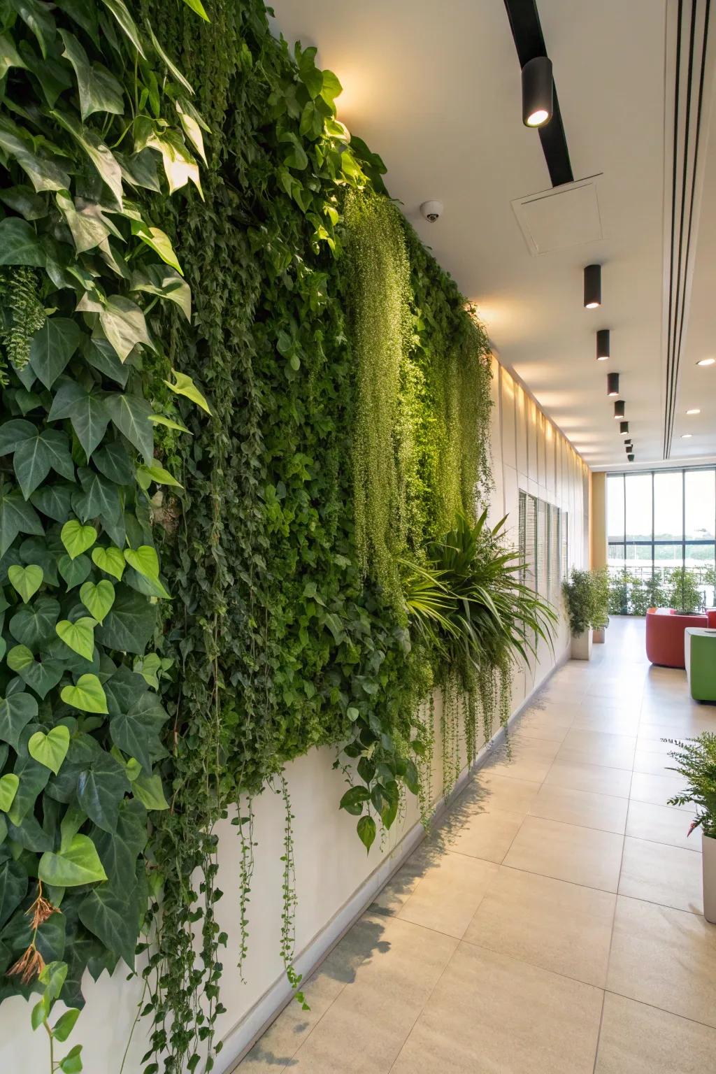 A vertical garden wall highlighting lush greenery and trailing plants to give a garden-like ambiance.