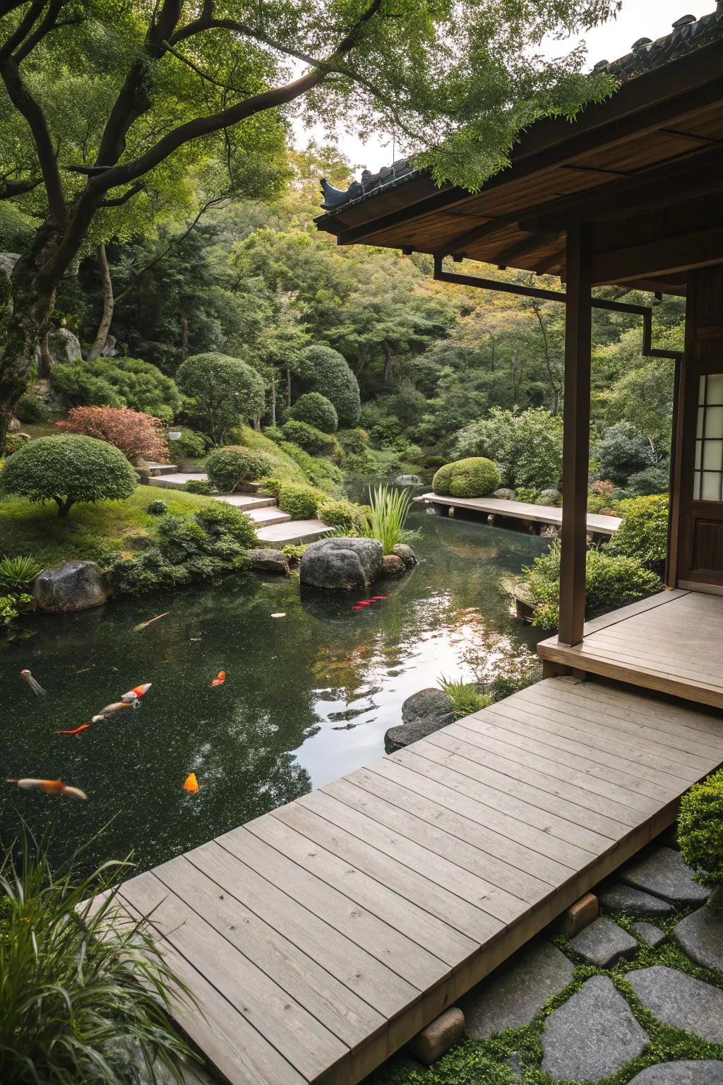 A wooden planking providing a tranquil viewing point in a Japanese garden.