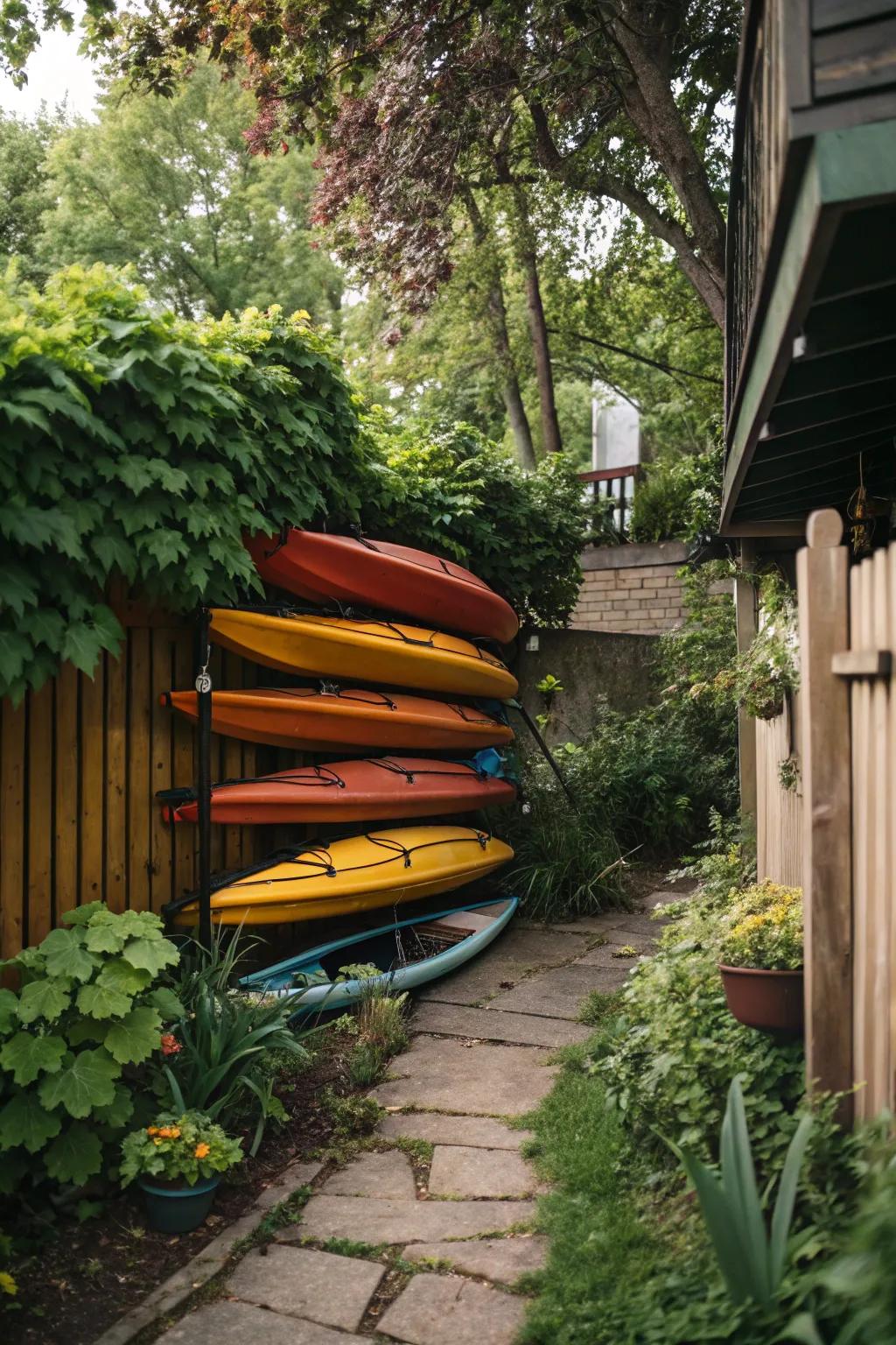 Small-space storage for multiple kayaks.