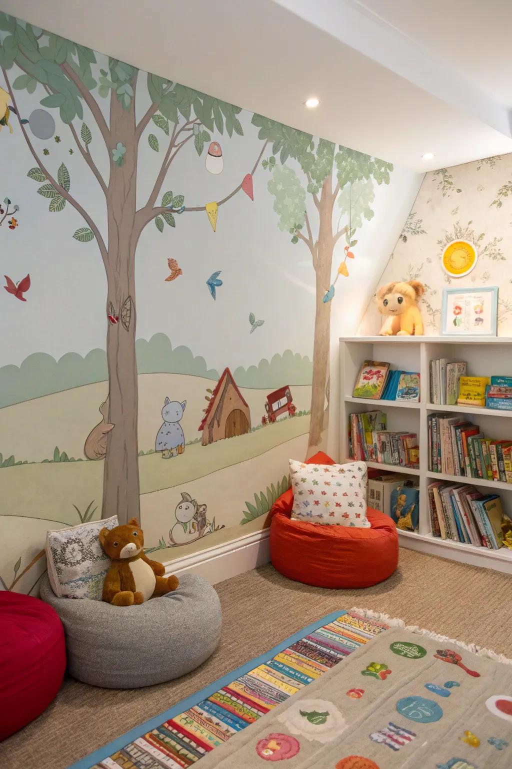 A cozy reading retreat in a playroom, improved by story-themed wallpaper.