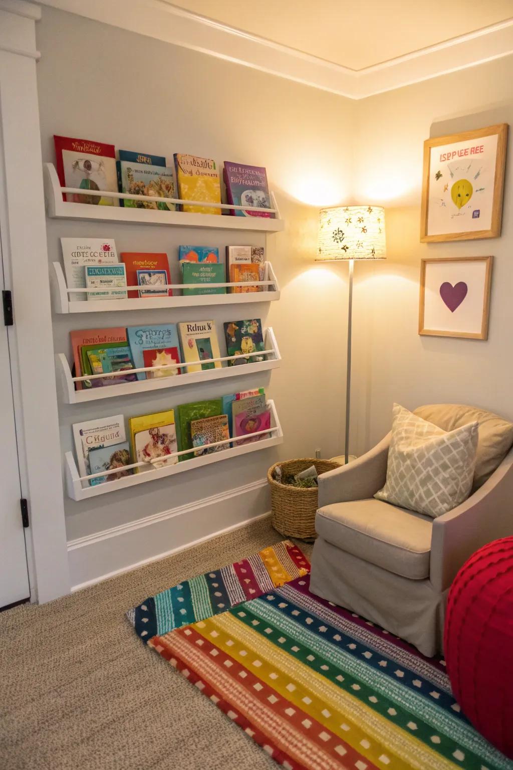 A vibrant rainbow book display, turning books into colorful decor.