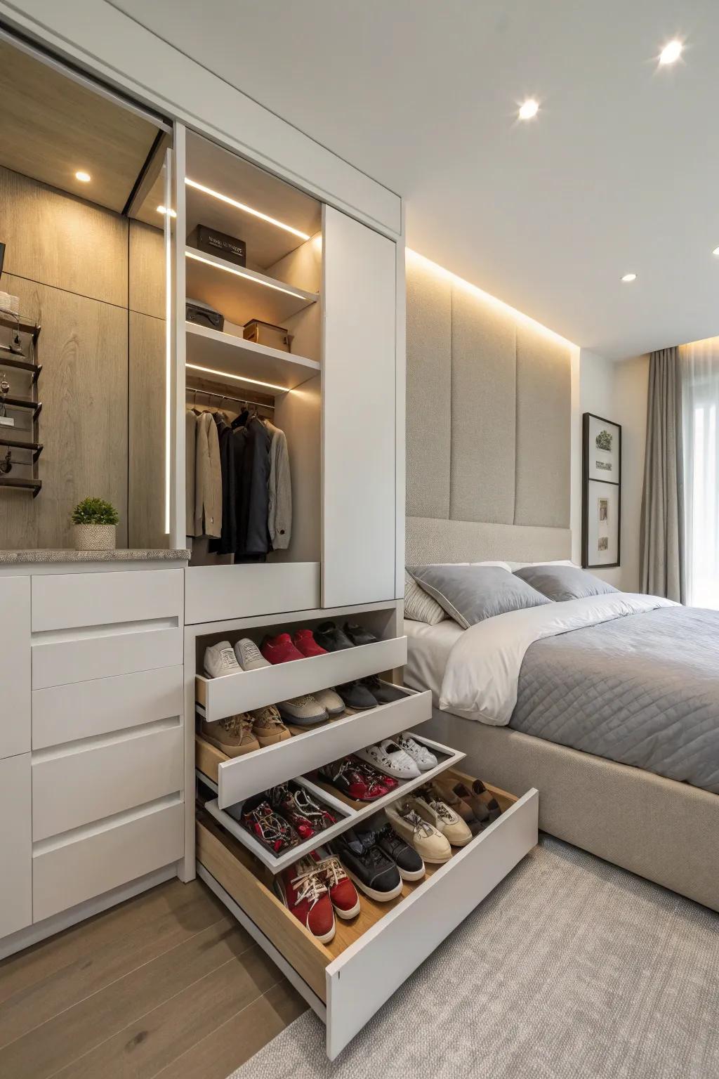 Achieve a tidy appearance using sleek shoe drawers.