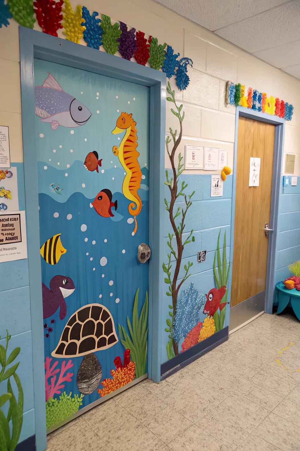 A kindergarten door adorned with a subaquatic scene featuring aquatic creatures.