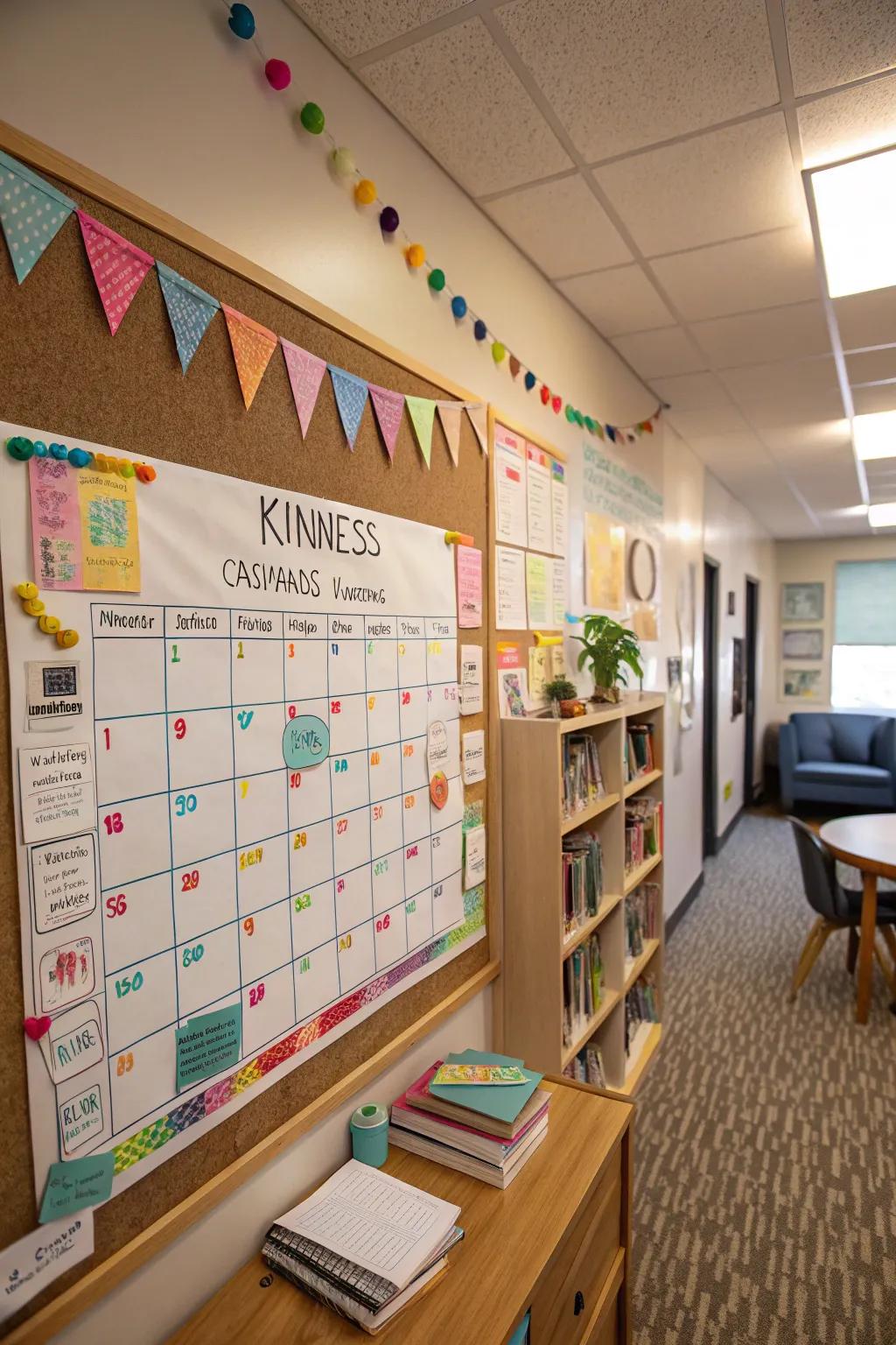 A study room kindness task planner with daily prompts and vibrant decorations.
