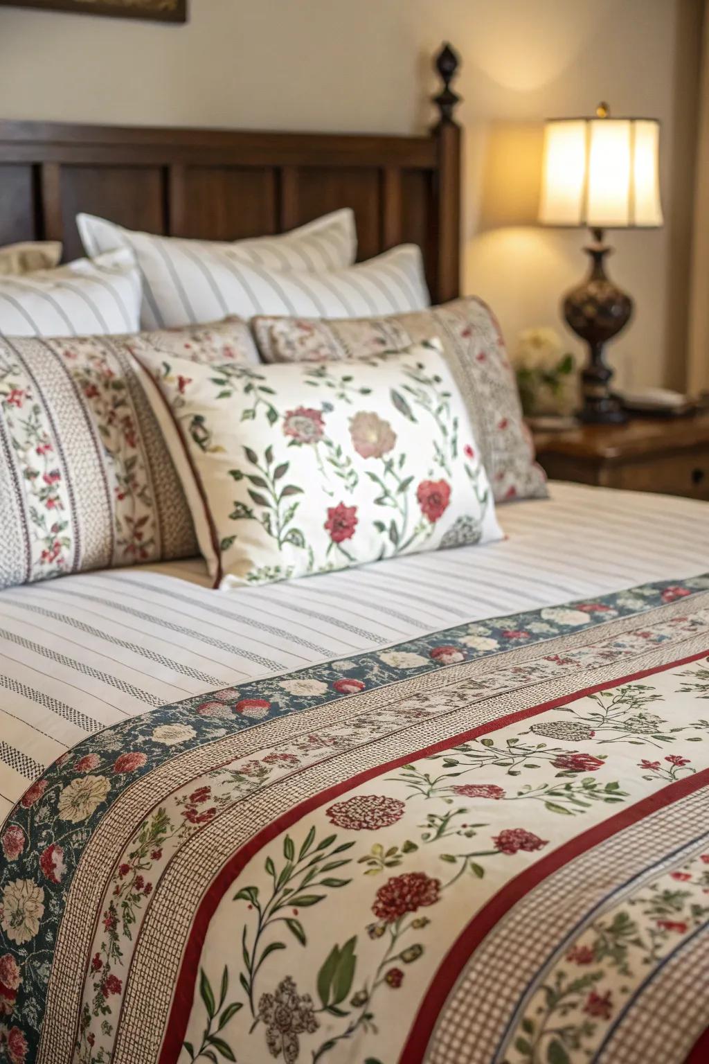 Playful patterns infuse personality and liveliness into this king-sized bed.