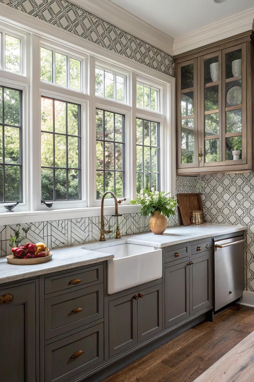 A harmonious union of timeless window encasements inside a contemporary backsplash setting.