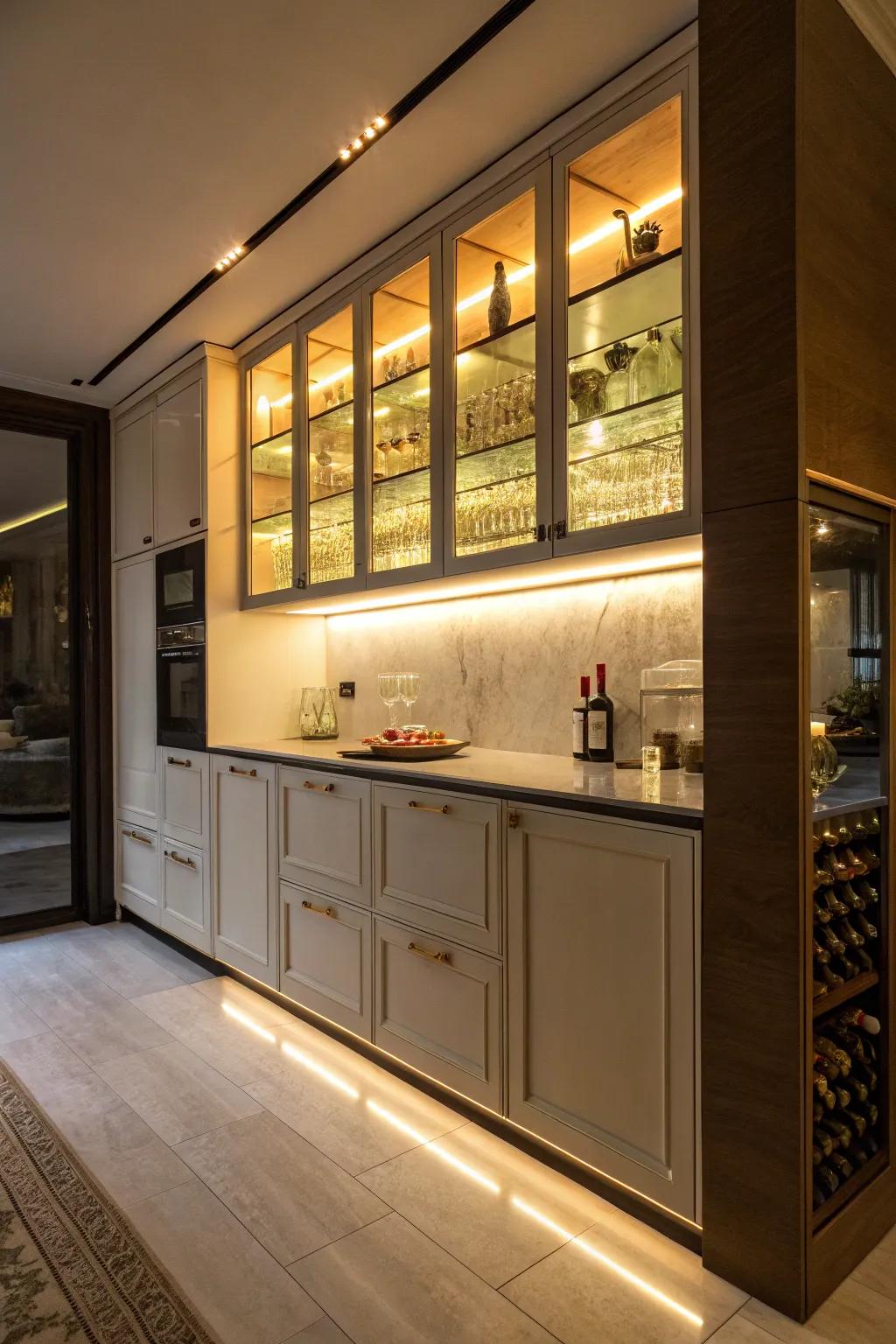 Gentle lighting enhances the usefulness and feel of this bar cabinet.