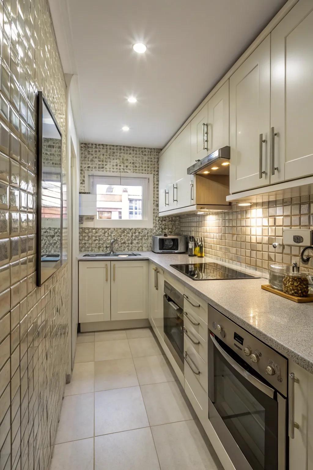 Reflective paneling enhances the spaciousness of small kitchens.