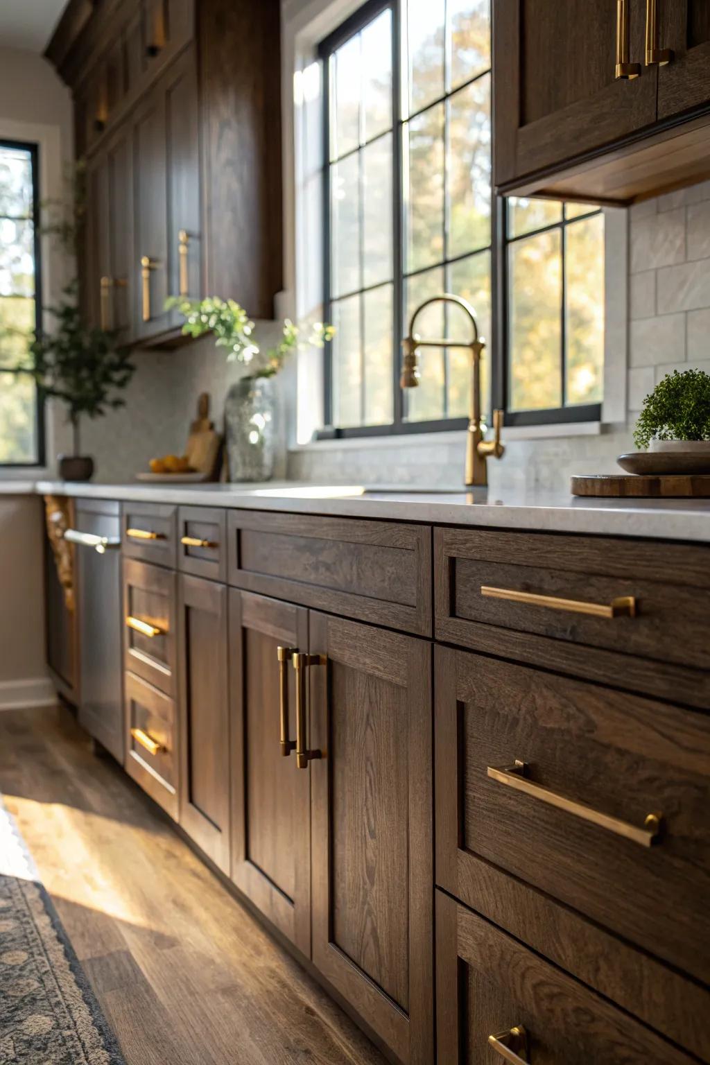 Brass hardware contributes coziness and vintage appeal to cooking spaces.