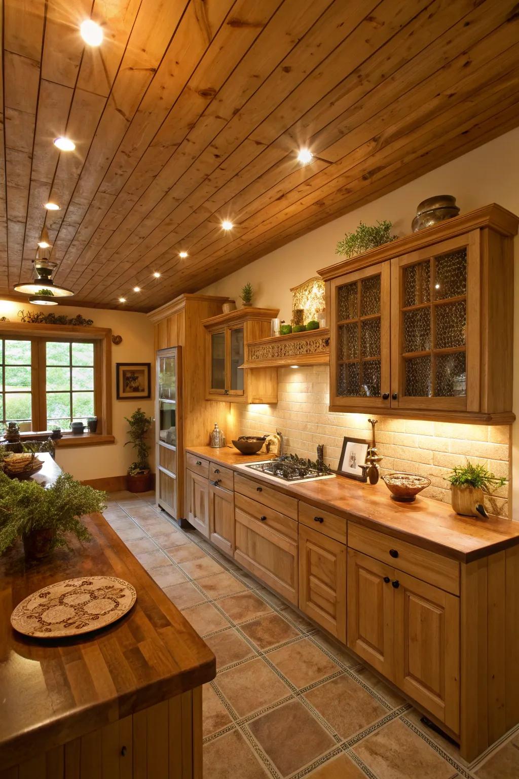 Introduce warmth with a beautifully wood-covered ceiling.