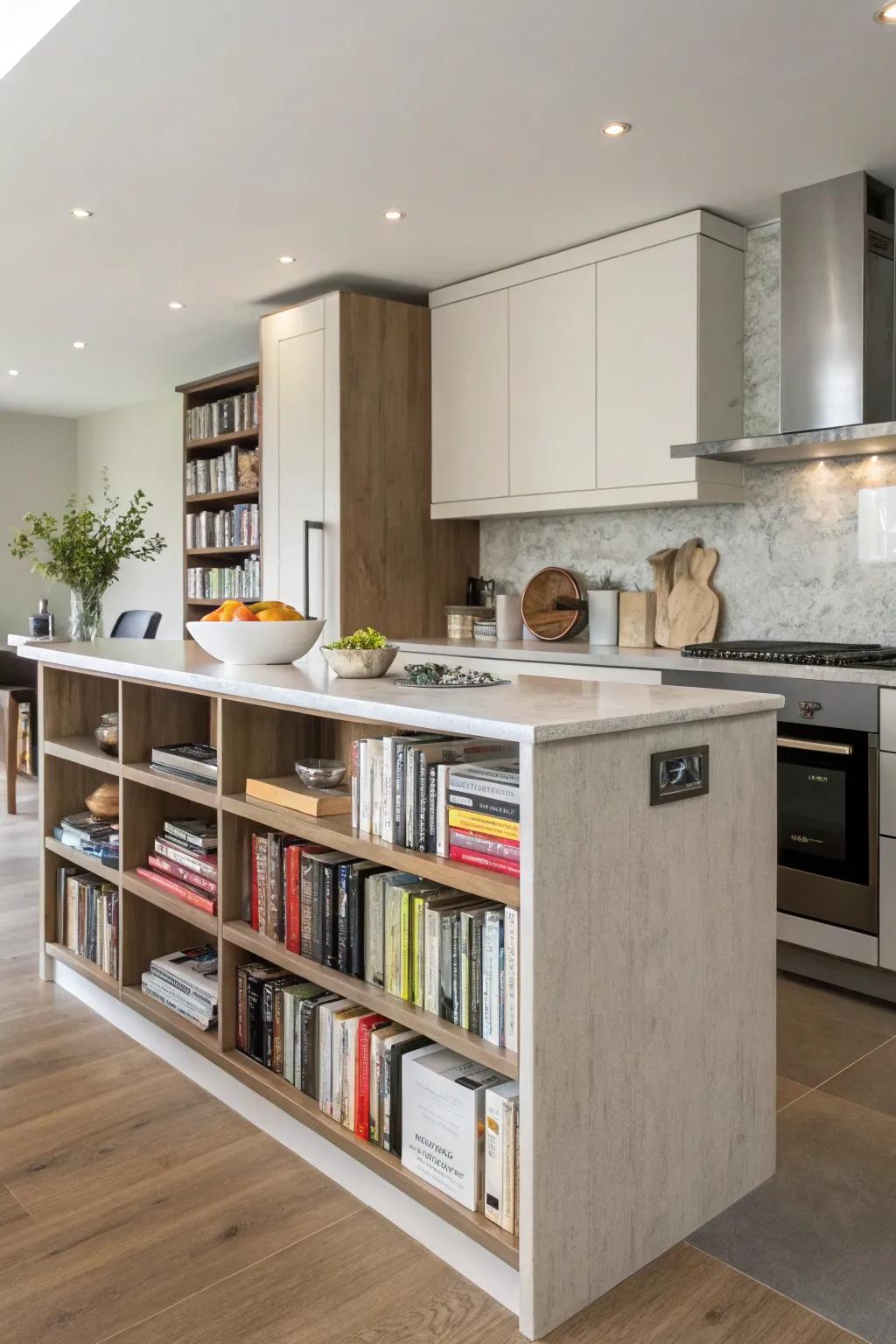 Integrated shelving contributes practicality and design to this kitchen island, ideal for display and storage.