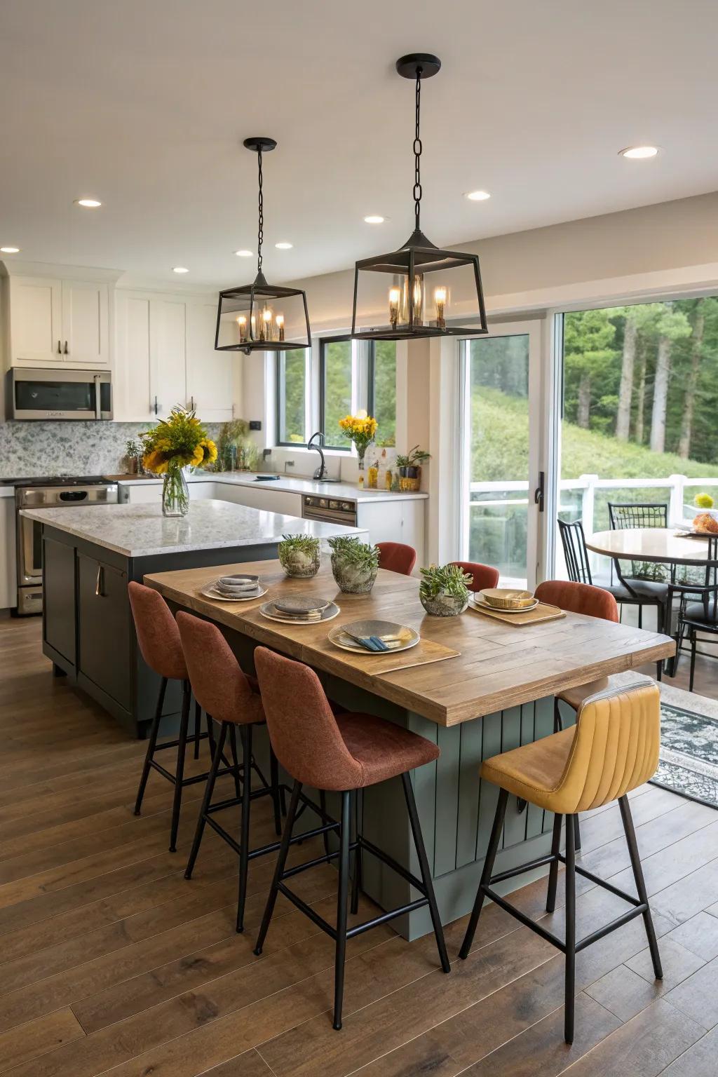 Varied seating around a central island adds character.