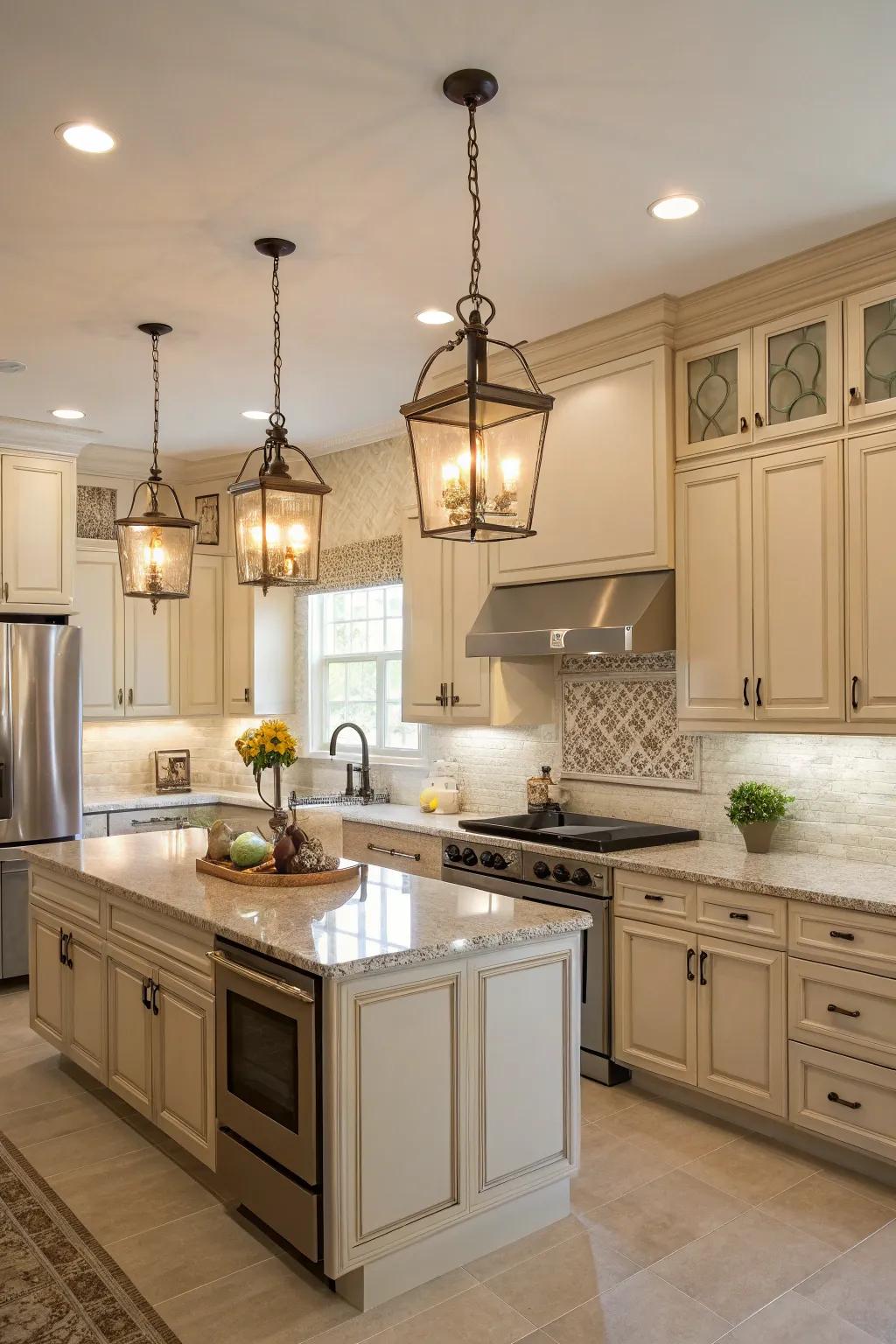 Coordinated lights highlight the harmonious color design of this kitchen.