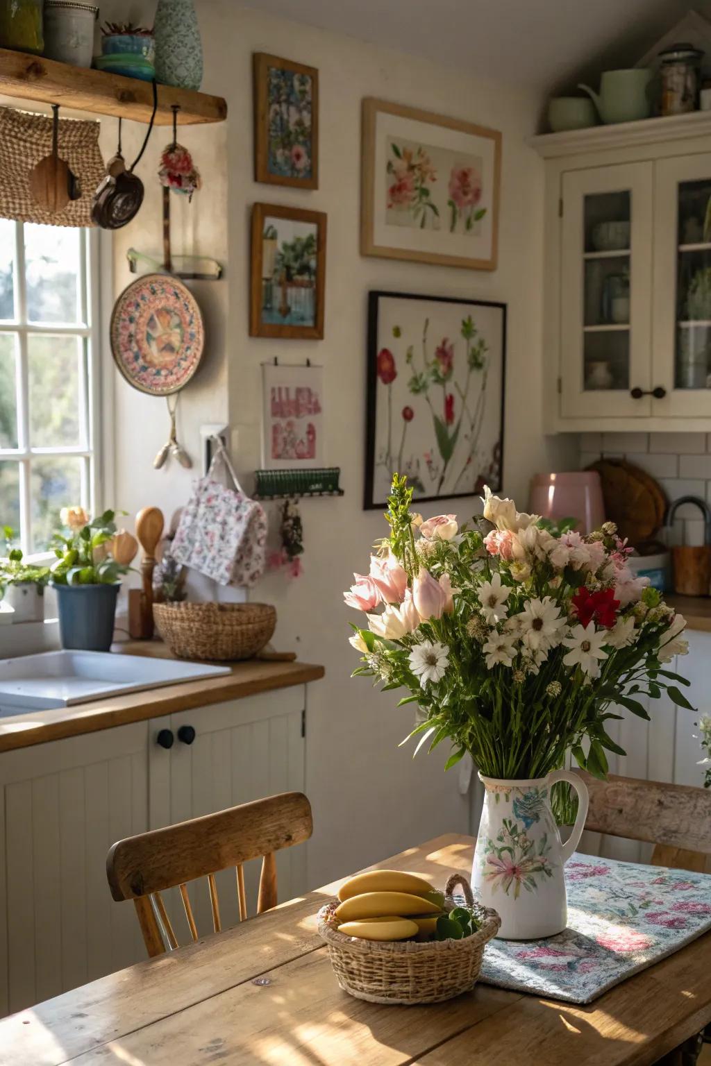A kitchen accented with personal decorative touches.
