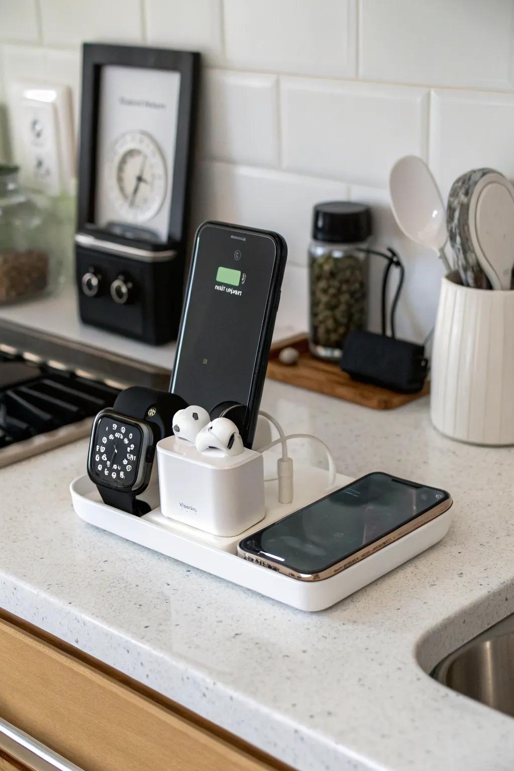 A countertop that's tech-friendly keeps devices easy to reach and organized.