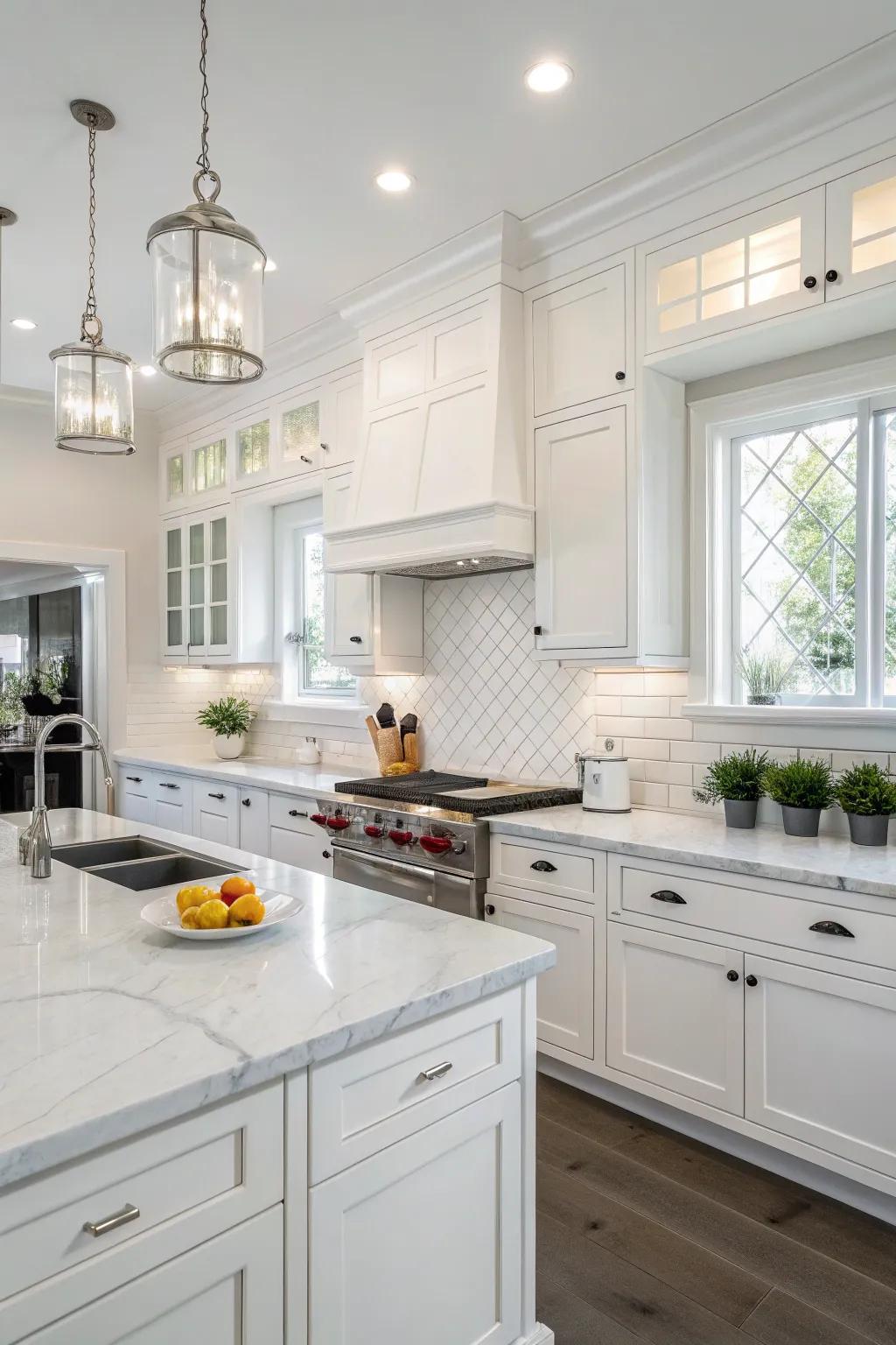 A bright and seamless cooking area is created with bright white walls.