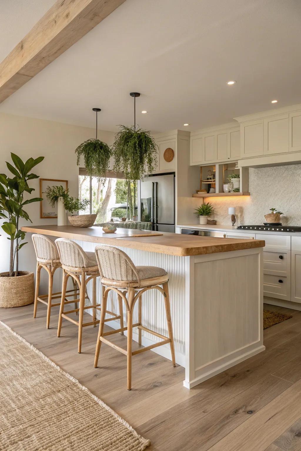 A neutral cooking area peninsula that enhances the feeling of space and peace.