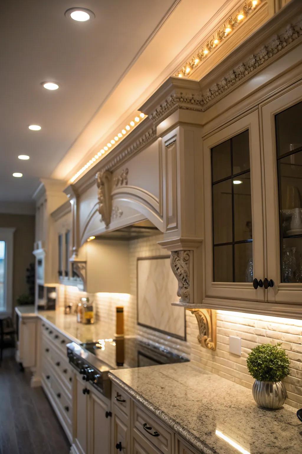 Accent lighting brings out the architectural details beautifully.